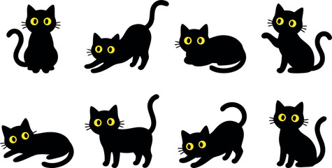 Cute black cat sticker set featuring various poses with big yellow eyes and different feline movements and silhouettes. © MdMojnu