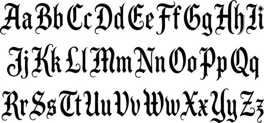 Complete black gothic alphabet font set featuring decorative old english style uppercase and lowercase calligraphy letters. © MdMojnu