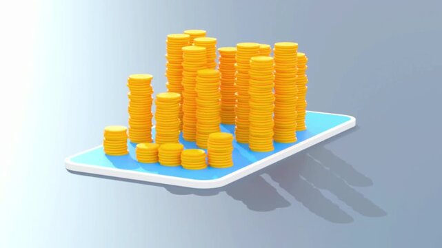 Growing stacks of golden coins on a tablet illustrate online banking success and the accumulation of passive income.
