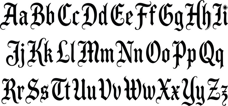 Complete black gothic alphabet font set featuring decorative old english style uppercase and lowercase calligraphy letters.