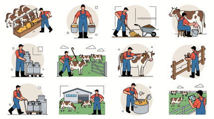 Fototapeta premium Dairy Farm Worker Milking and Feeding Cows Livestock Farming Activities Flat Vector Illustration Collection