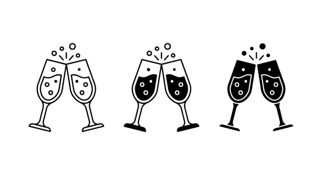 vector set of three champagne toasting glasses with bubbles and splashes on white background