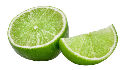 Obraz premium Bright green Lime slices one halved and one wedge, close-up