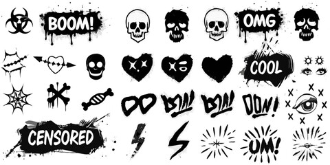 Graffiti stencils collection black spray paint style on white background © Sujal