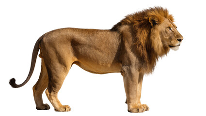 Brown adult male lion standing profile view with full mane © Lena