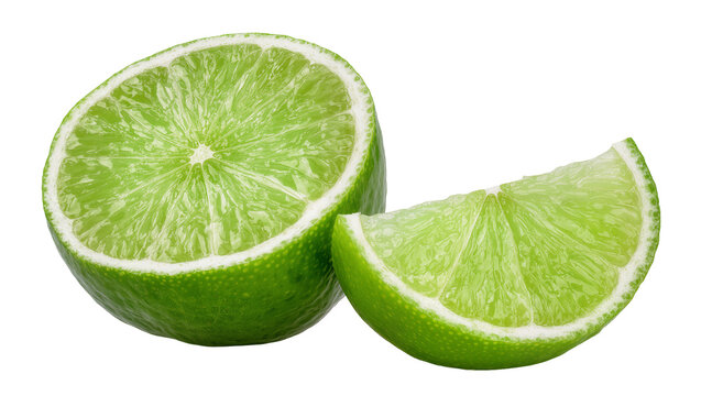 Bright green Lime slices one halved and one wedge, close-up