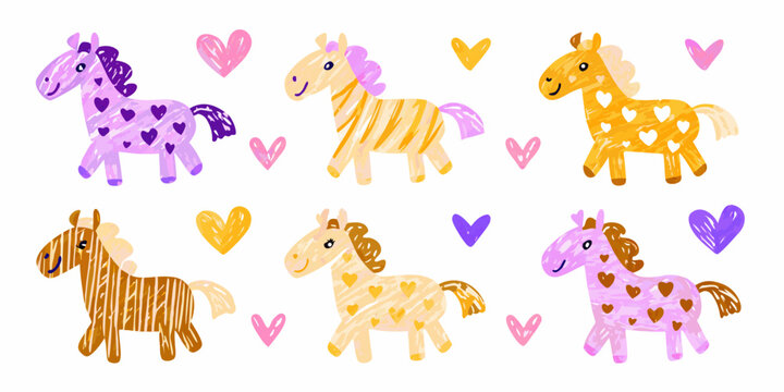 Collection of six watercolor horses with hearts hand drawn style