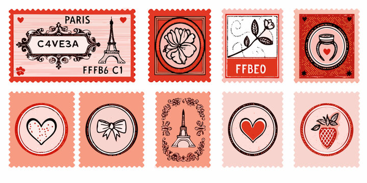 Vintage style love themed postage stamps vector illustration
