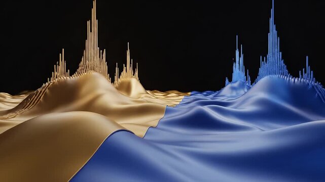 Abstract golden and blue cityscape ideal for sleek commercial backgrounds and title sequences