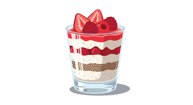 Layered fruit parfait dessert in a glass with raspberries, strawberries, and seeds, ideal for healthy eating and breakfast-themed graphics.