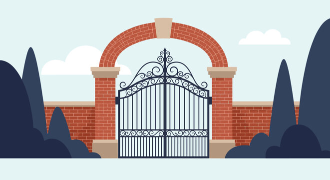 Grand ornate wrought iron gate set within a classic red brick archway, surrounded by dark trees under a soft blue sky for garden themes.