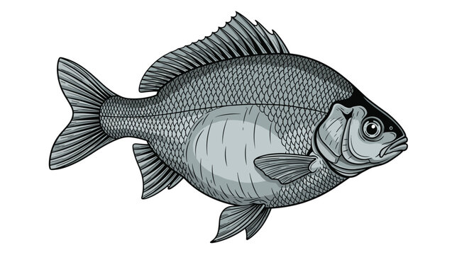 Detailed black and white engraving of a freshwater fish, such as a carp or bream, perfect for fishing and nature-related design projects.