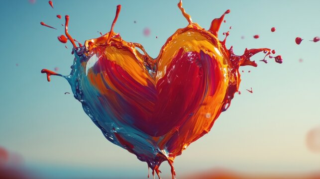 Vibrant heart shape formed by exploding colorful paint splashes against a soft pastel sky