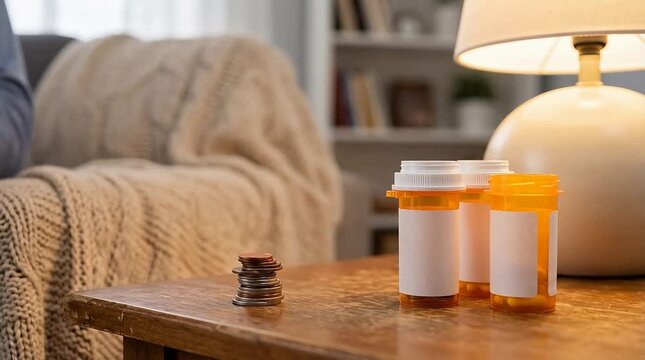 Elderly financial concern for vital pharmaceutical medication. Affordable healthcare equity requires diligent saving, senior hand carefully stacks