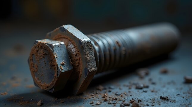Rusty old metal bolt and nut on a gritty industrial surface. Macro shot of weathered iron hardware with corrosion and texture