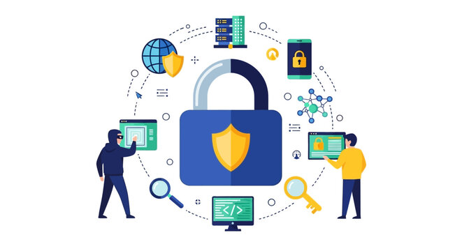 Cybersecurity concept with digital lock and network security elements.