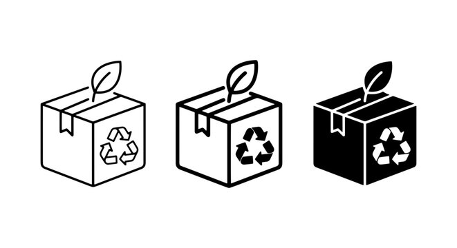 vector set of three recycling box icons in black and white with leaf on top