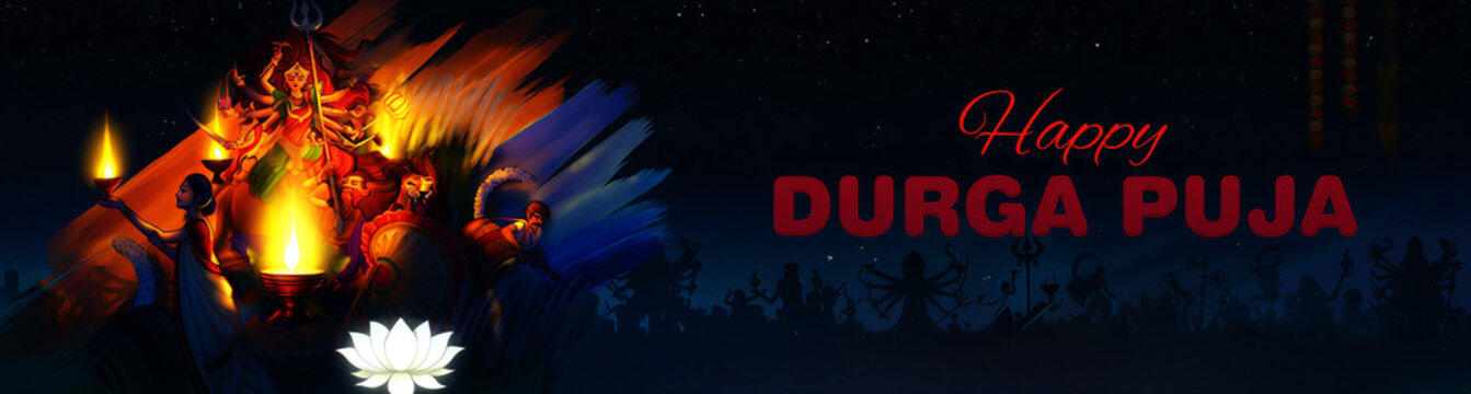 Vibrant durga puja festival celebration with goddess illustration and lotus flower design