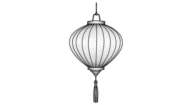 Traditional oval paper lantern from Asia features vertical lines and long tassel in detailed stippled ink drawing style.