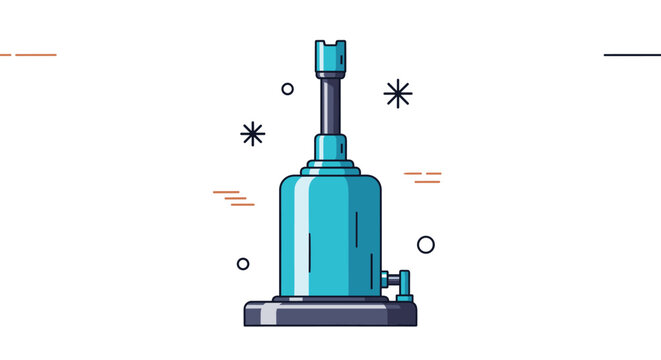 Modern blue hydraulic bottle jack for heavy lifting is depicted in flat vector illustration style with mechanical details.