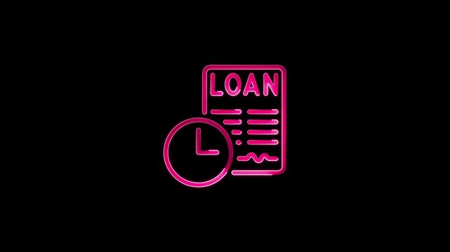 Pink neon loan document with clock on black background clock black background neon sign glowing pink