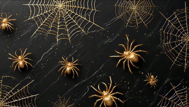 Golden spiders crawling on webs against dark background, spooky Halloween concept. Many Black spiders and web shapes. Halloween celebration theme.