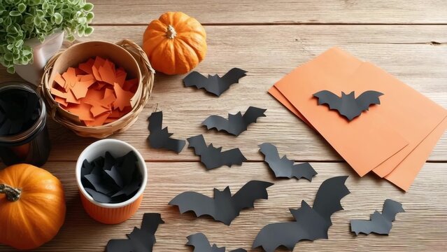 Halloween paper bats with pumpkins and craft supplies on wooden table surface. Halloween craft table with paper bats, Halloween crafting concept