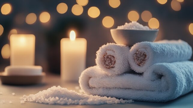 Spa setting with candles, towels, and bath salts. Soft lighting