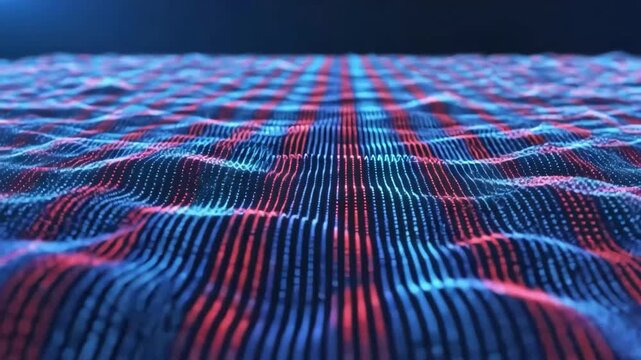Abstract digital waveform of red and blue particles in dark space