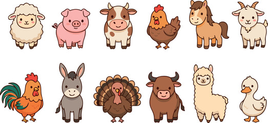 Fototapeta premium Large collection of cute cartoon farm animals featuring sheep pig cow hen horse goat rooster and more.