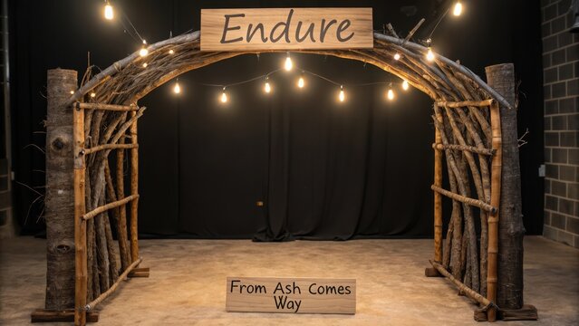 Rustic wooden archway with string lights and signage