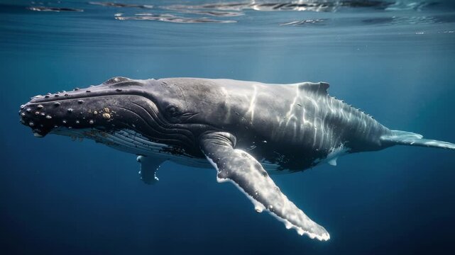 Close up of a humpback whale swimming underwater in the ocean with clear blue water