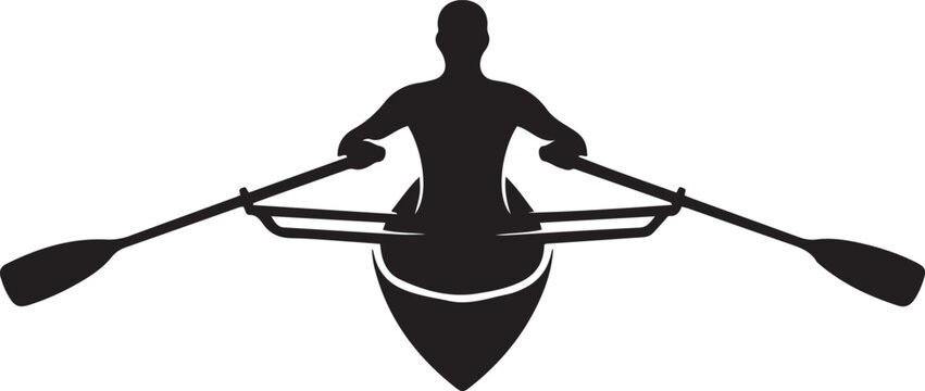 Black silhouette of a person rowing a boat with two oars. logo Vector Black silhouettes