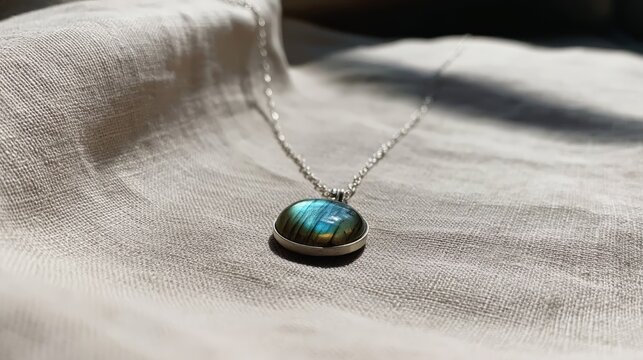 Labradorite jewelry pendant with iridescent gemstone on linen fabric in natural light close up
