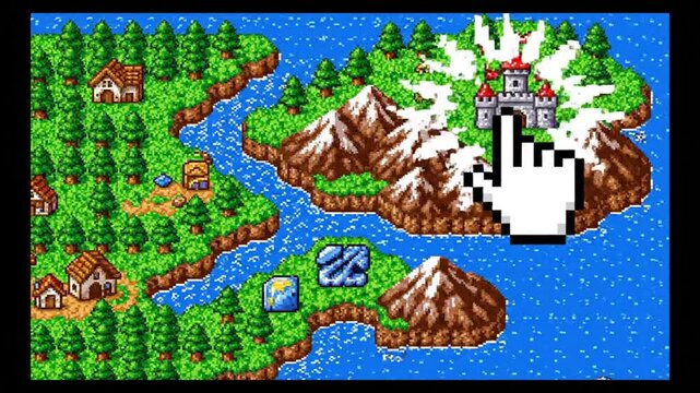Retro Pixel Art Fantasy Map with Cursor - 8-bit Adventure Game