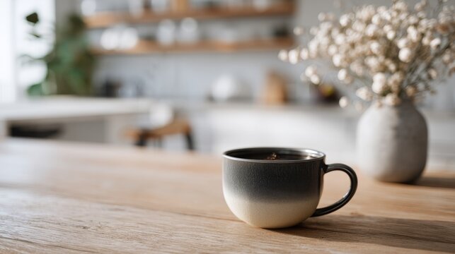 Stylish coffee cup on a wooden table with blurred background of a cozy kitchen and floral decoration creating a serene atmosphere. Generative AI