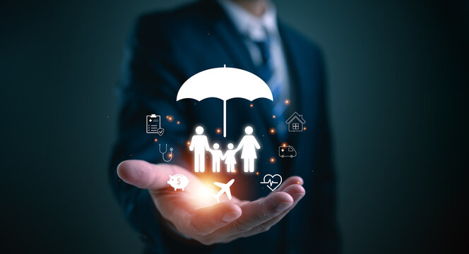 Businessman presenting family protection icons under umbrella, symbolizing insurance coverage, financial security, healthcare benefits, life protection, travel safety, and family risk management.