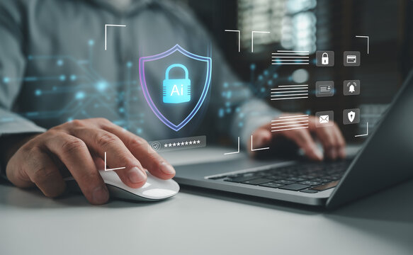 Hands working on laptop with glowing AI security shield and login interface, illustrating cybersecurity, data protection, secure access, privacy, authentication, and digital defense.