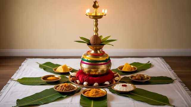 Traditional indian pooja setup with kalash diya and offerings representing spirituality devotion and ritual worship