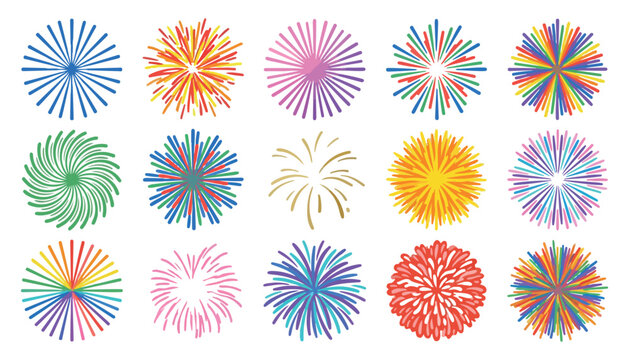 Colorful fireworks, explosion icons, rainbow burst shapes, vector graphics