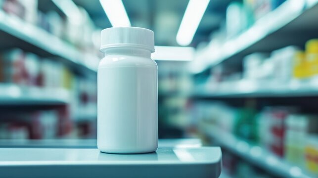 White pill bottle on a pharmacy shelf