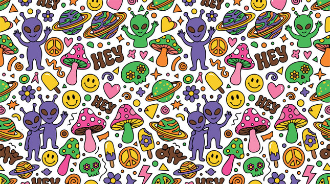 Seamless pattern of psychedelic retro cartoon characters featuring aliens mushrooms planets and groovy peace signs.
