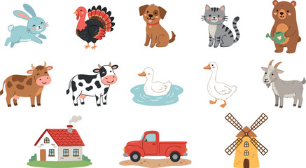 Set of cute cartoon farm animals including a rabbit turkey dog cat bear cow duck and goat. © MdMojnu