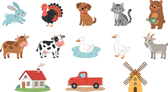 Set of cute cartoon farm animals including a rabbit turkey dog cat bear cow duck and goat.