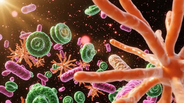 Microscopic view of bacteria and spores ideal for sleek commercial backgrounds and title sequences
