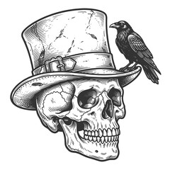 Obraz premium skull in a worn top hat with a raven perched on the brim, creating a gothic mood sketch engraving generative ai fictional character raster illustration. Scratch board imitation. Black and white image.