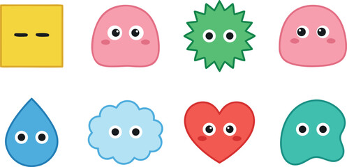 Obraz premium Set of cute kawaii emoji characters featuring various shapes like hearts stars clouds and colorful blobs.
