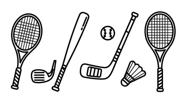 Sports equipment icons set tennis racquets baseball bat hockey stick and shuttlecock
