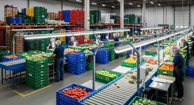 Spacious Produce Warehouse with Workers and Conveyor Belts for Food Distribution and Storage