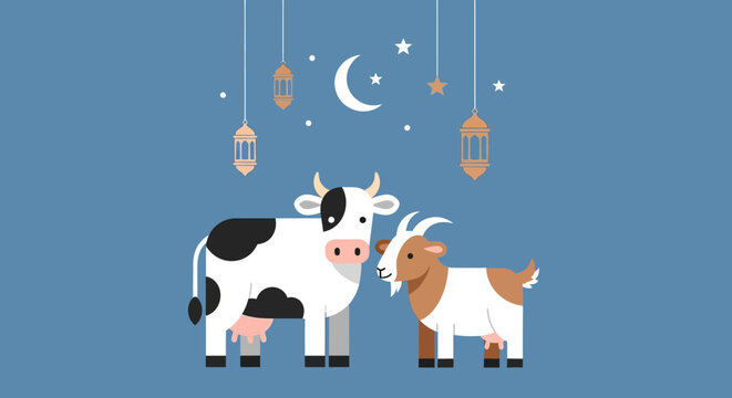 Minimal flat illustration of cow and goat standing together, Islamic festive theme, clean vector, simple shapes